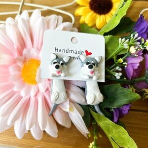 Handmade Gray and White husky dangle Dog Earrings..